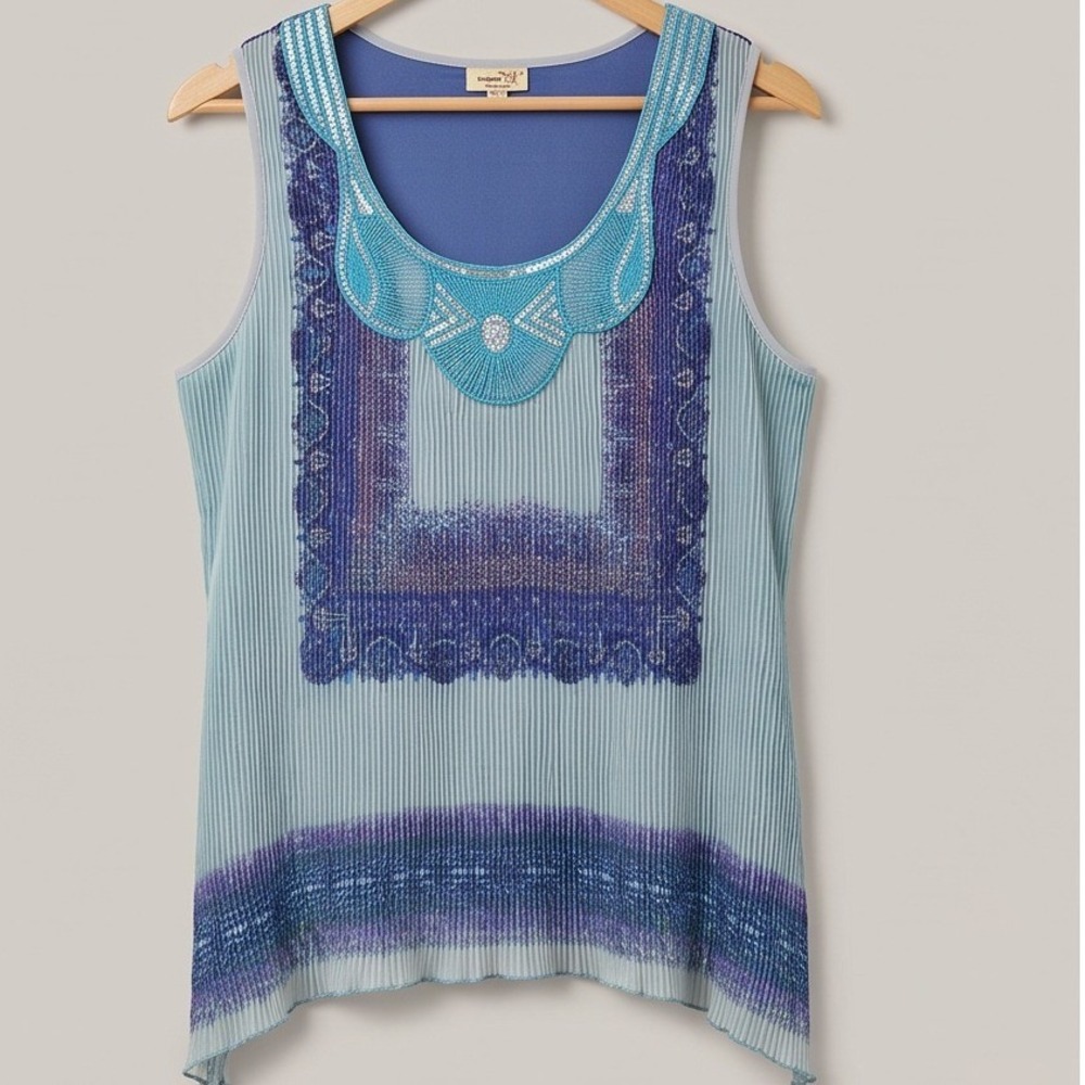 One World 2X Sleeveless Pleated Beaded Tank Top Blue Purple Boho Bling - Picture 2 of 10